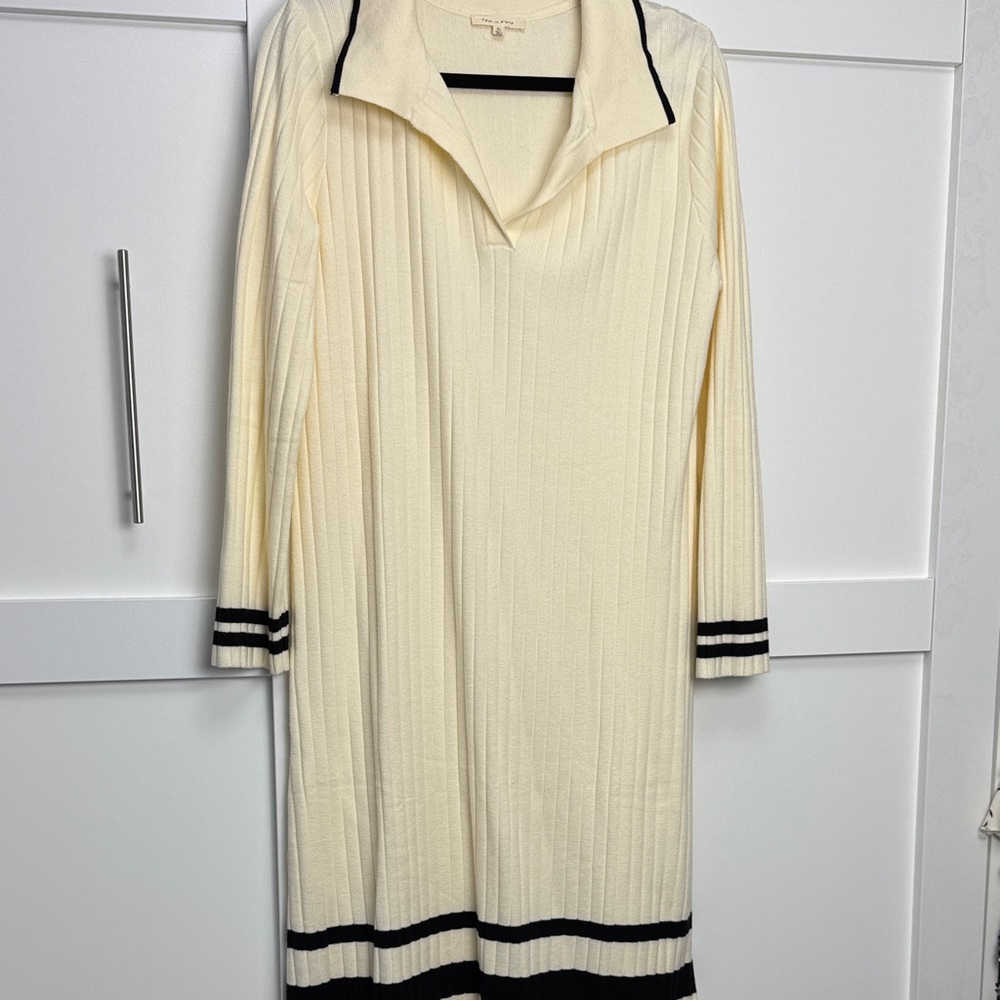 Tea n Rose Cream Long Sleeve Dress with Black Trim